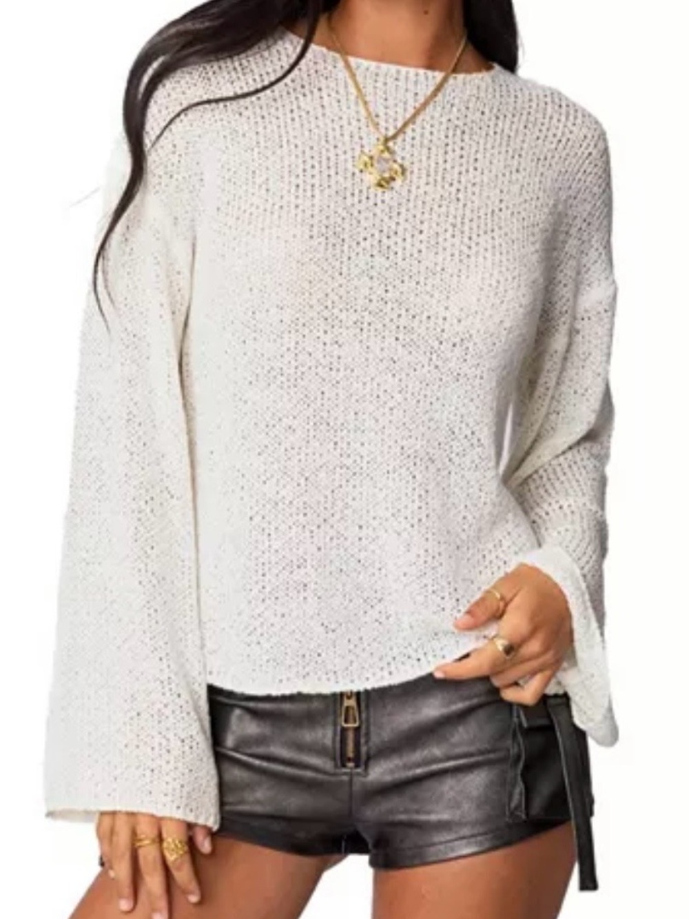 Edikted white Crewneck Knit Sweater,boho, loose knit, summer